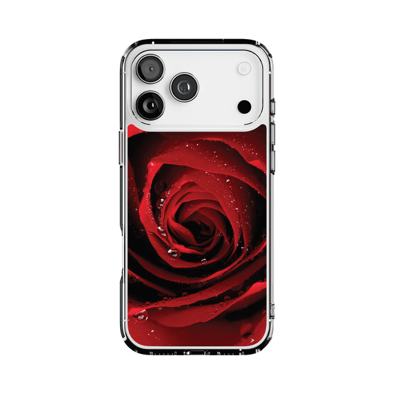 DistinctInk Hybrid Clear Case Compatible with MagSafe for iPhone 17 Pro Max- Vibrant Dewy Red Rose Close-up