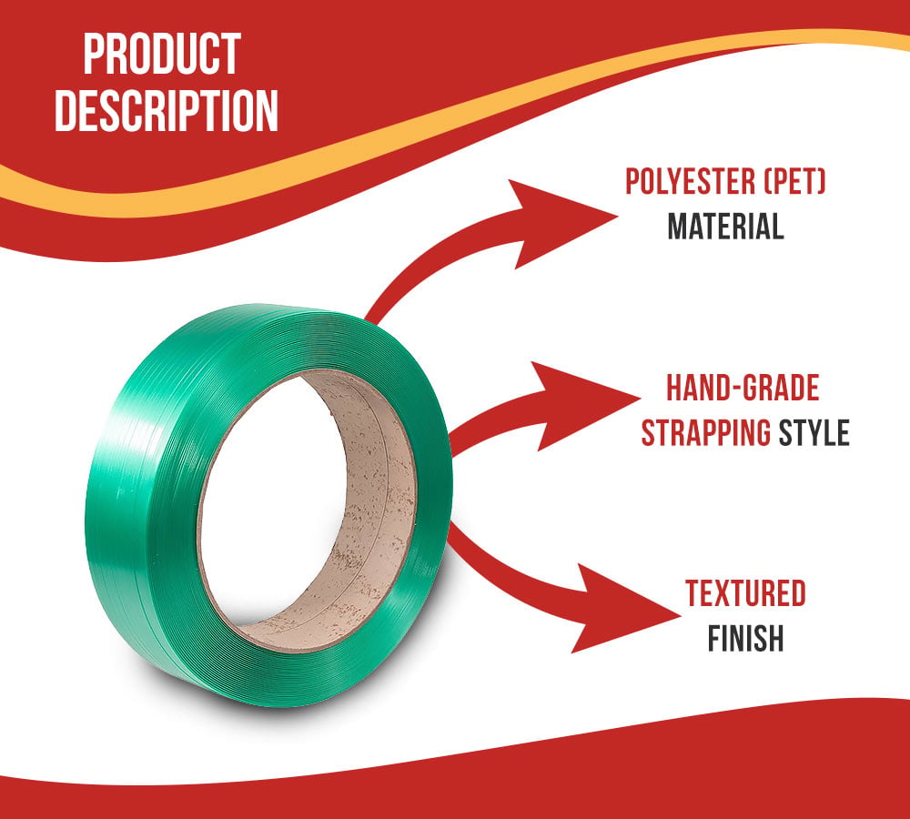 thumbnail image 3 of 3/4" x 0.040" x 3000' Heavy Duty Polyester (PET) Packaging Strapping Roll - Green 16"x6" Core Size Hand Grade - 1800 lbs Break Strength - Rust Resistant Roll, 3 of 10