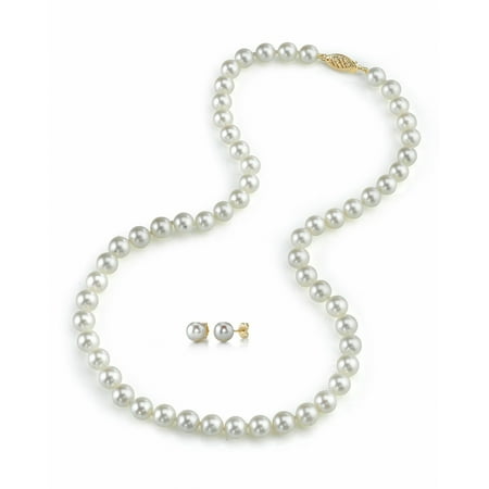 Cultured Pearl Pearl Brooch - 14K Gold 6.0-6.5mm White Akoya Cultured Pearl Necklace & Matching Earrings Set, 18