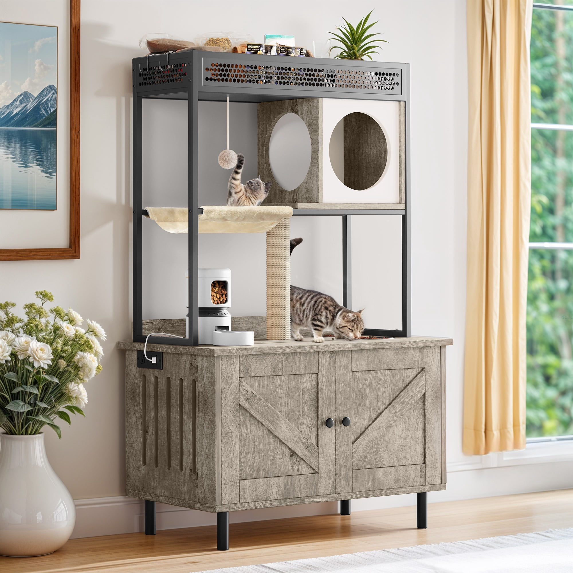 Uforic Cat Litter Box Enclosure, Large Indoor Hidden Wooden Cat Furniture with Shelves & USB & Type-C Outlets, Gray