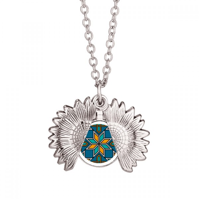 Collier de Tournesol Fleur de Maroc Bleu Orangé Pendentif Médaillon Bijoux