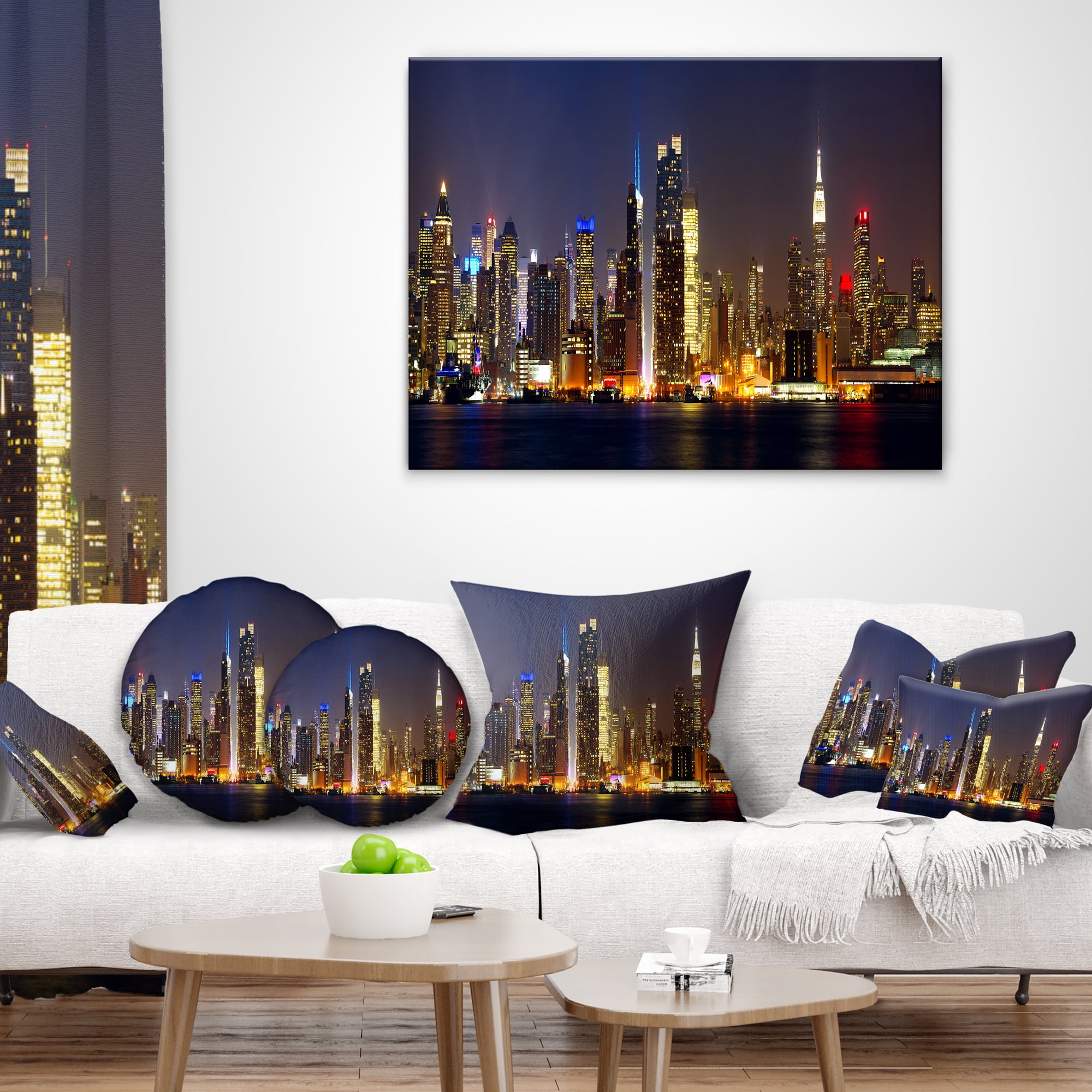 Designart New York Skyline at Night - Cityscape Photo Throw Pillow - 16x16