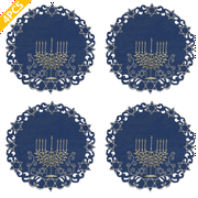 OVZME Hanukkah Round Placemats Set of 4, Embroidered Candle Doily Chanukah Menorah Table Decorations for Jewish Festival Holiday Party Table Decor&Kitchen Table Mats， 15x15 Inch Blue