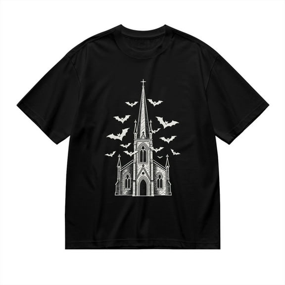 Black T Shirts for Men, Gothic Church With Bats Graphic Mens Graphic Tees, 24846418,S