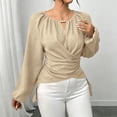 thumbnail image 5 of GILIGEGE Women's Lantern Sleeve Blouse,Cross Wrap Front Tie Back Dressy,Asymmetrical Wrap Tops,Ruched V Neck Long Sleeve Blouses,Soft Stretchy Fitted Blouse,Casual Work Going Out Wrap Top Beige M, 5 of 5