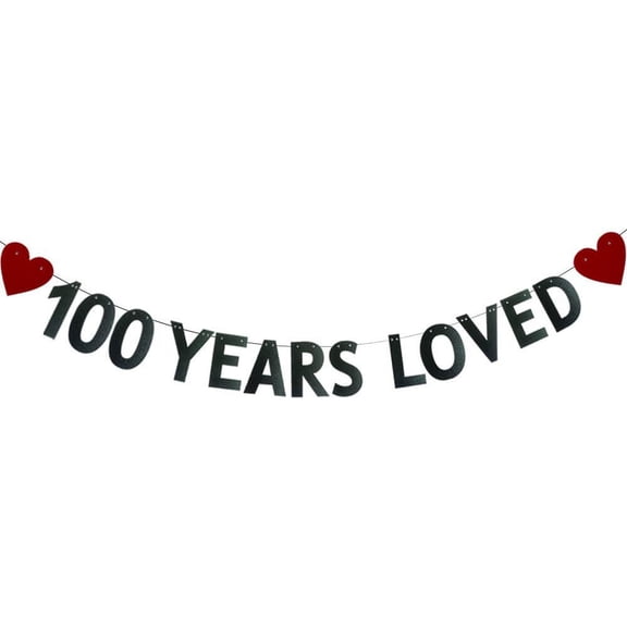 100 YEARS LOVED Banner，Pre-strung，100th Birthday/Wedding Anniversary Party Decorations Supplies，Black Glitter Paper Garlands Backdrops, Letters Black