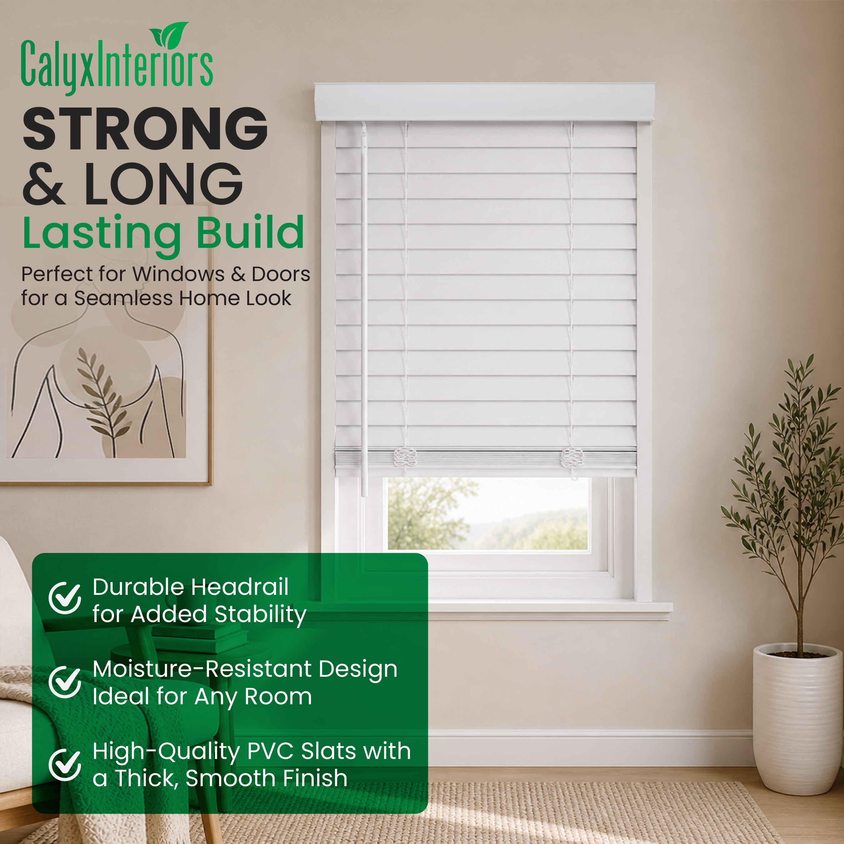 CALYX INTERIORS Faux Wood Blinds with Classic Valance, Cordless, 2" Slat, 22"W x 60"H, Room Darkening Shade for Windows and Doors, Pure White