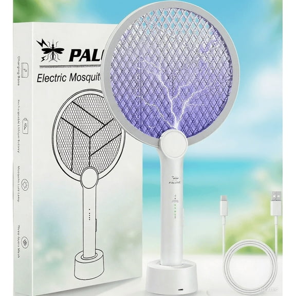 Electric Fly Swatter, 4000V Bug Zapper Racket, 2 in 1 Indoor Outdoor Mosquito Killer with 3-Layer Safety Mesh, USB Rechargeable Base (1 Pack)