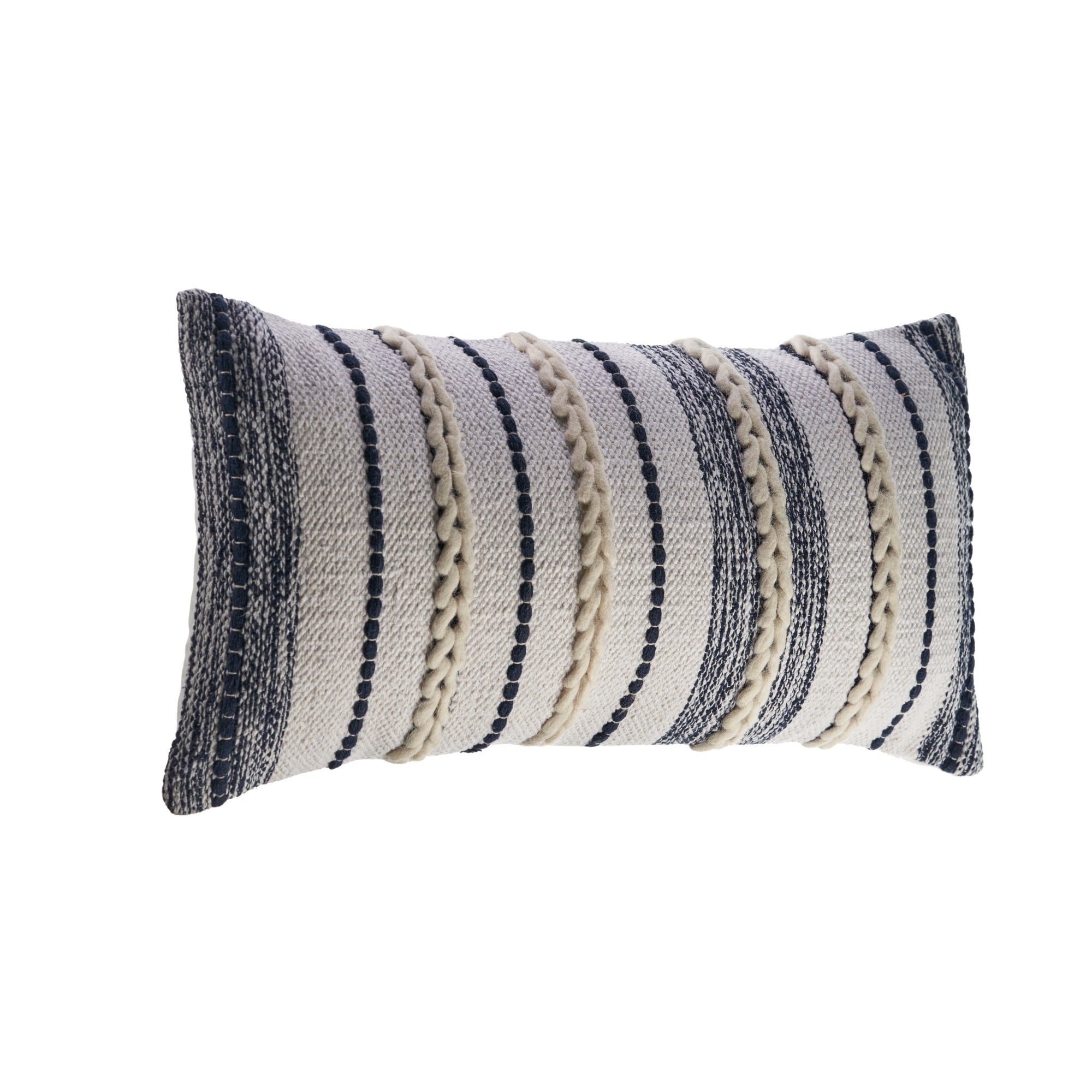 Laddha Home Designs Loomed Braided Striped Lumbar Pillow Cover - 28" - Navy Blue and White