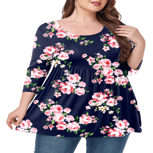 CHUANK Tunique à Col Rond pour Femmes Grande Taille, Blouse à Manches 3/4, T-Shirt Ample à Fleurs 0X-5X