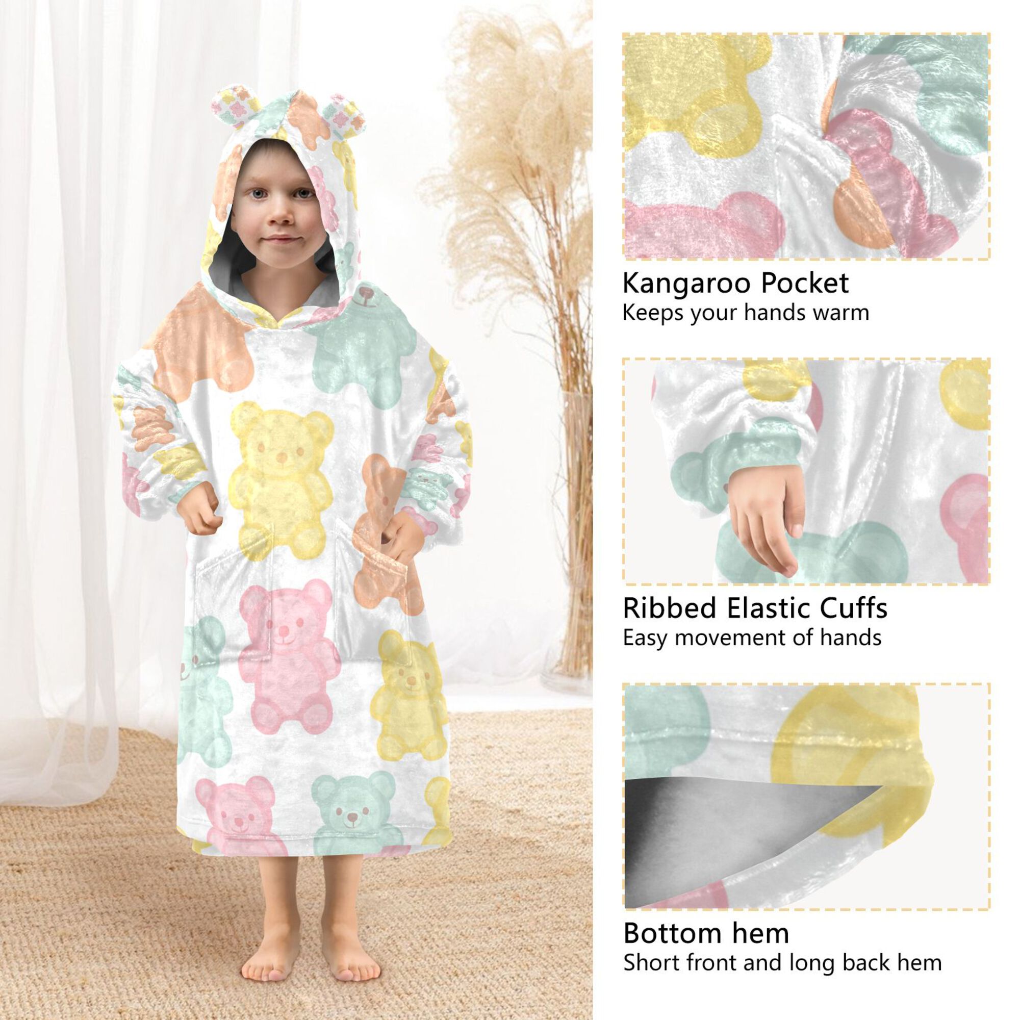 FORMRS Wearable Blanket Hoodie with Sleeves for Kids Cozy Flannel Sweatshirt, Cute Gummy Bears Pattern