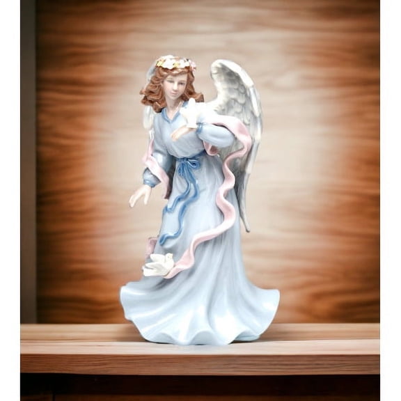 Ceramic Angel Holding Dove Music Box Home  8"