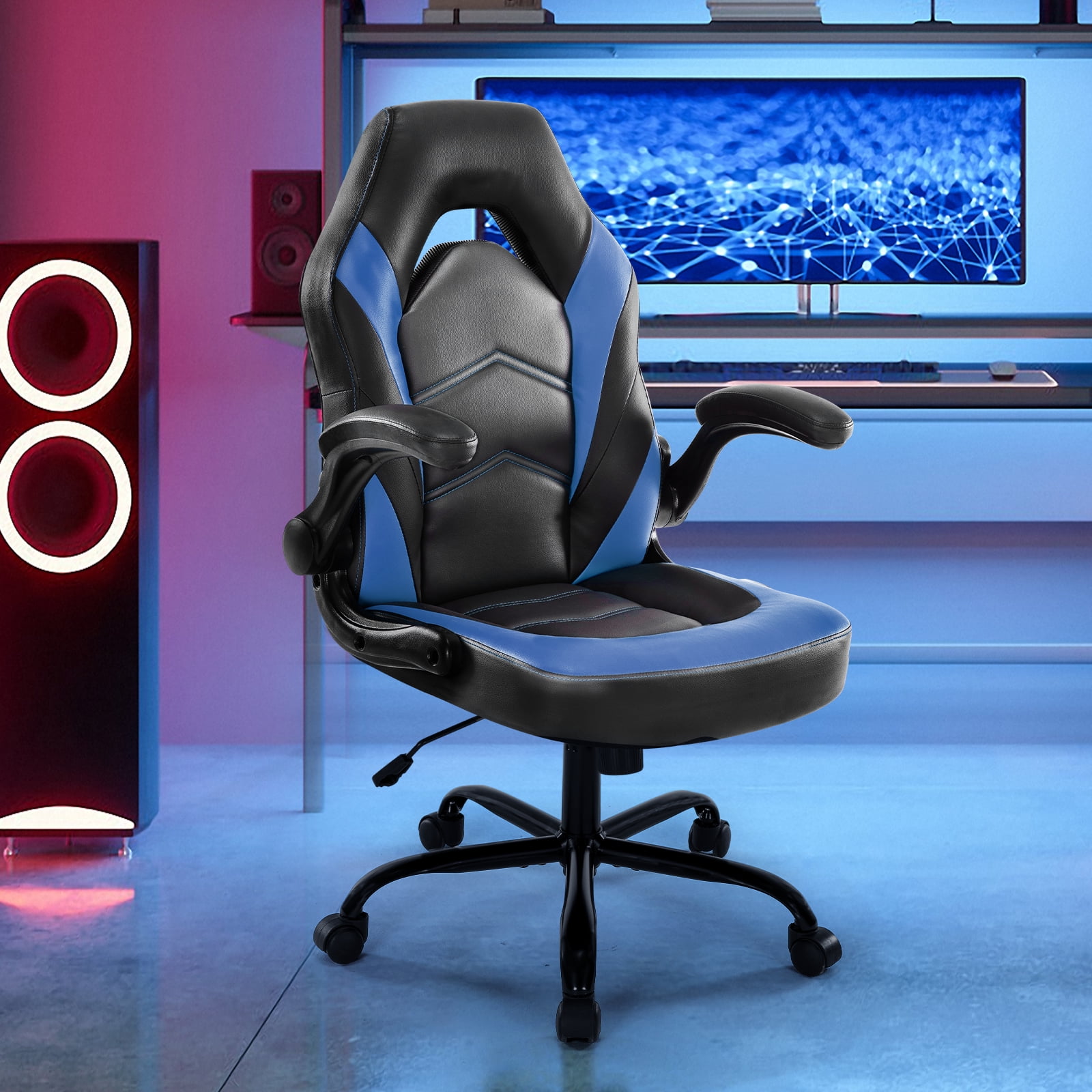 CONCETTA High-Back Gaming Office Chair, Faux Leather Swivel with Flip-up Armrests for Adults, Blue