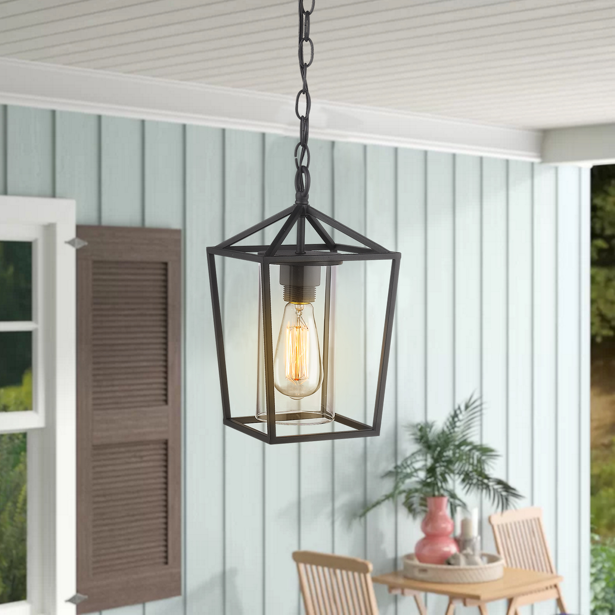 Black Modern Outdoor Pendant Light Caged 1-Light Outdoor Hanging Lantern Light Balck Finish with Cylinder Clear Glass Outdoor Weather Resistant Pendant Light for Wet Location - image 5 of 10