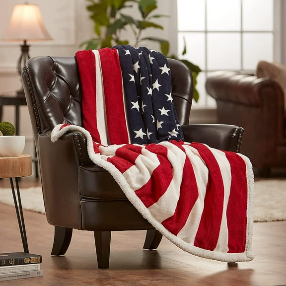 Premium Patiotic US Flag Print Fleece Sherpa Throw Blanket - Lightweight Microfiber for Couch Bed Chair Office Sofa - Great Gift for Men Women House