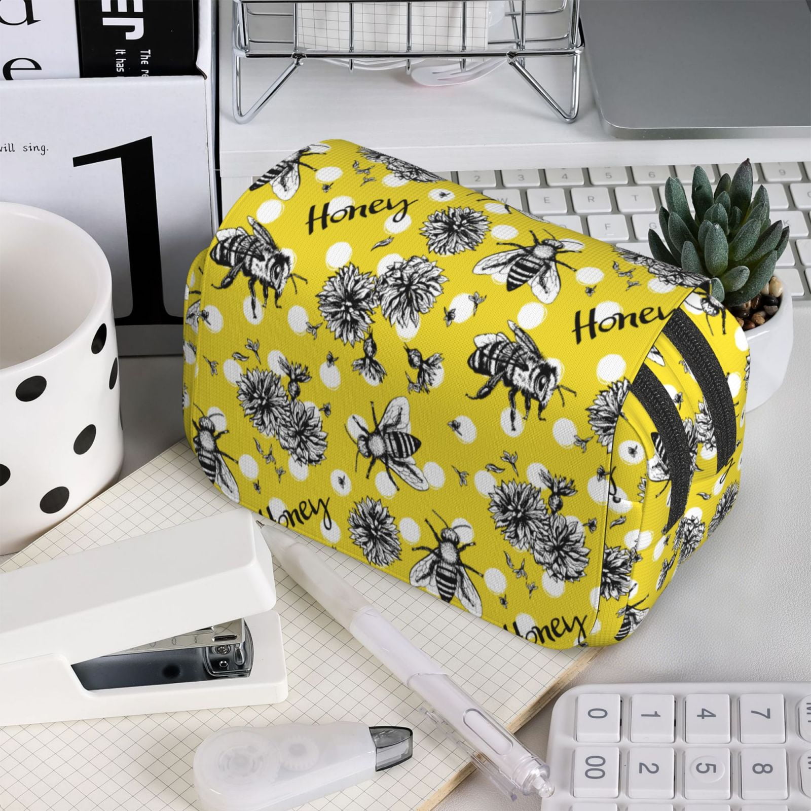 Rateoe Honeybee Pattern Double Clamshell Pen Case, Storage Organizer with Two Zipper Compartments– Holds Up to 50 Pencils & Pens