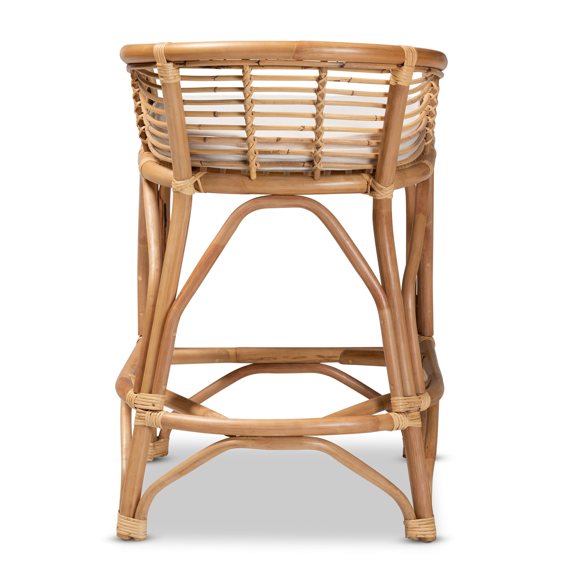 bali & pari Maverick Modern Boho White Fabric Upholstered and Brown Rattan Counter Stool