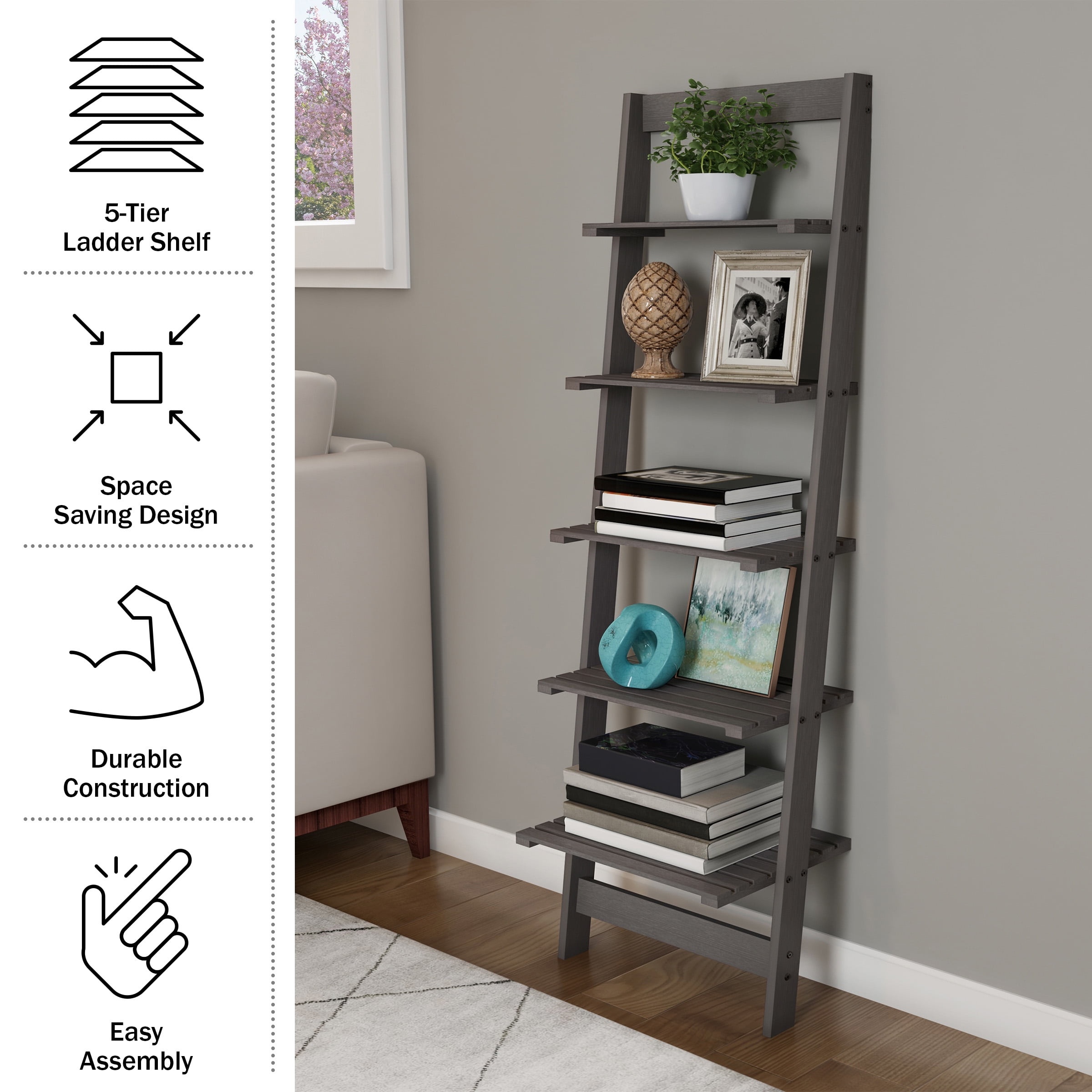 Lavish Home 5-Tier Slatted Wood Leaning Ladder Shelf for Narrow Storage, Wooden Bookcase for Living Room, Bathroom, Kitchen, Office or Bedroom, Gray Finish