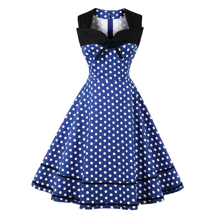 

Juebong Women Fashion Solid Sleeveless Square Neck Bow Polka Dot Vintage Dress