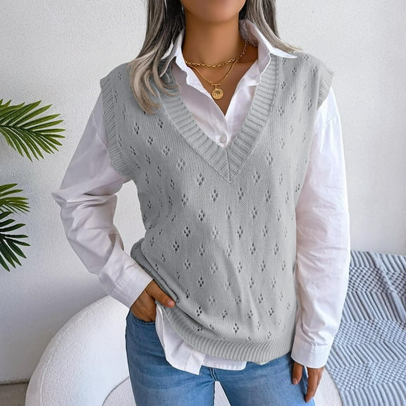 EQWLJWE Camisole Women‘s Autumn And Winter Fashion Solid Color Hollow Casual Knitted Sweater Vest With V-neck