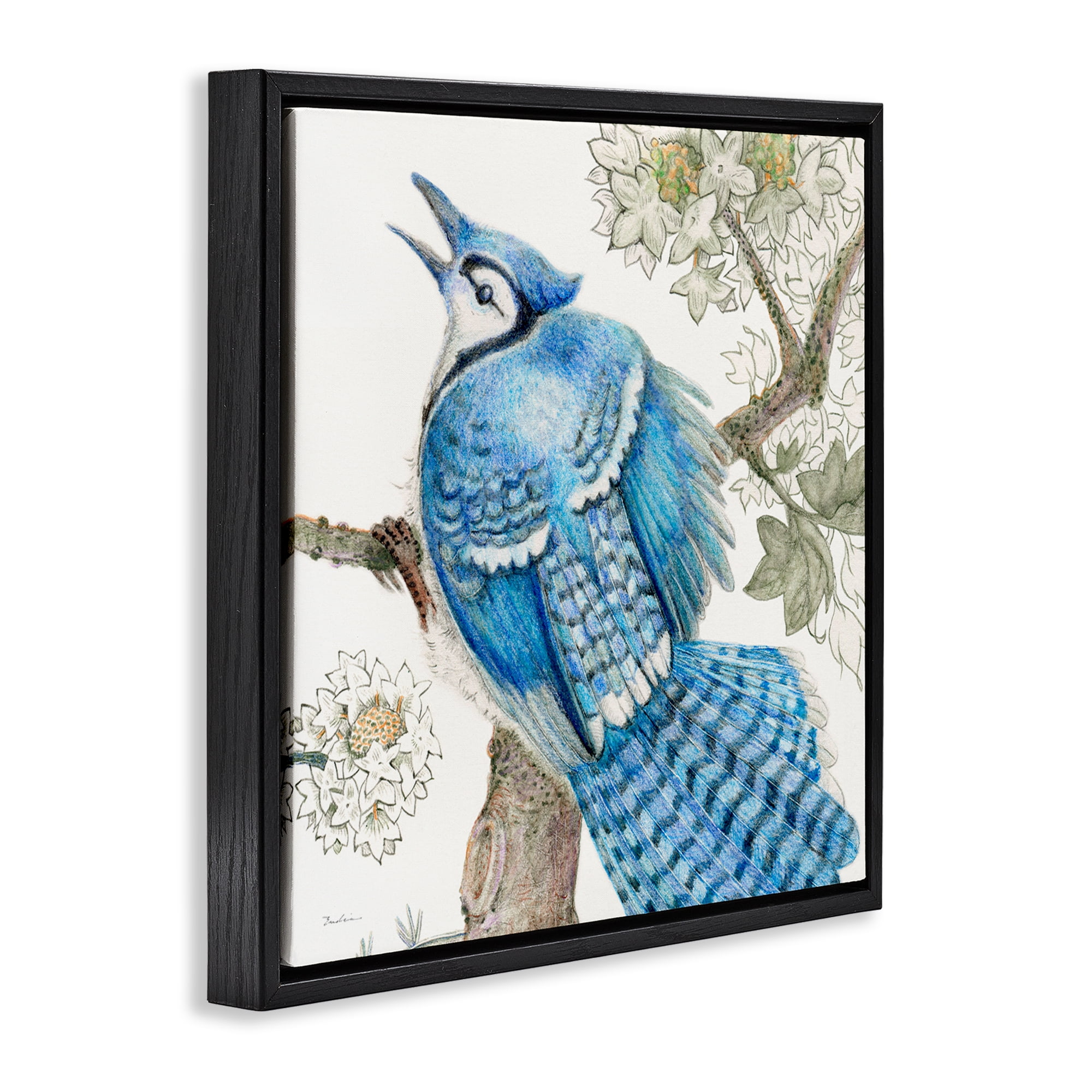 Stupell Industries Rhododendron & Blue Jay Animals Painting Black Floater Framed Canvas Art Print Wall Art, 18 x 18