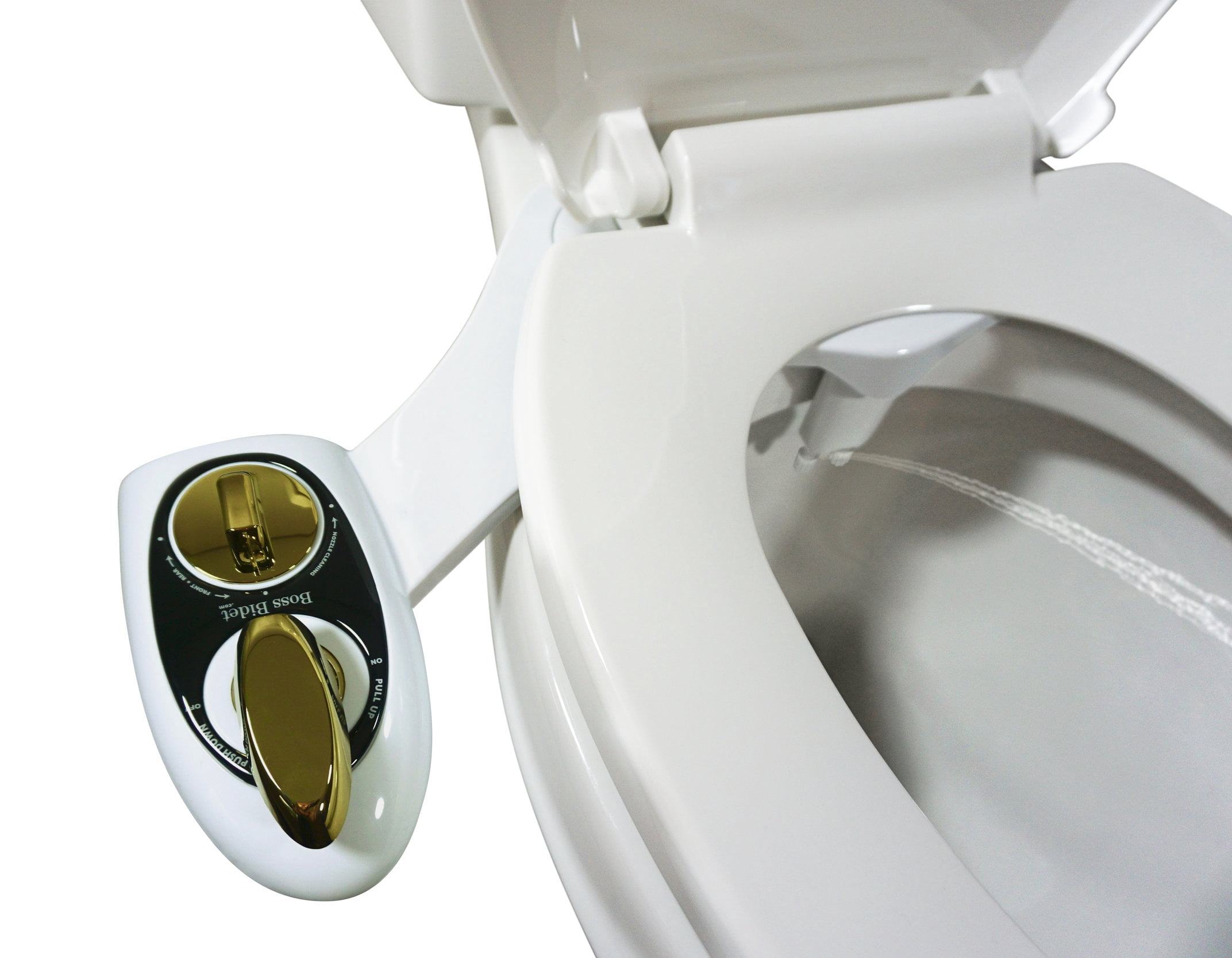 Boss Bidet Dual Nozzle Toilet Seat Bidet Attachment White and Gold with Self Cleaning