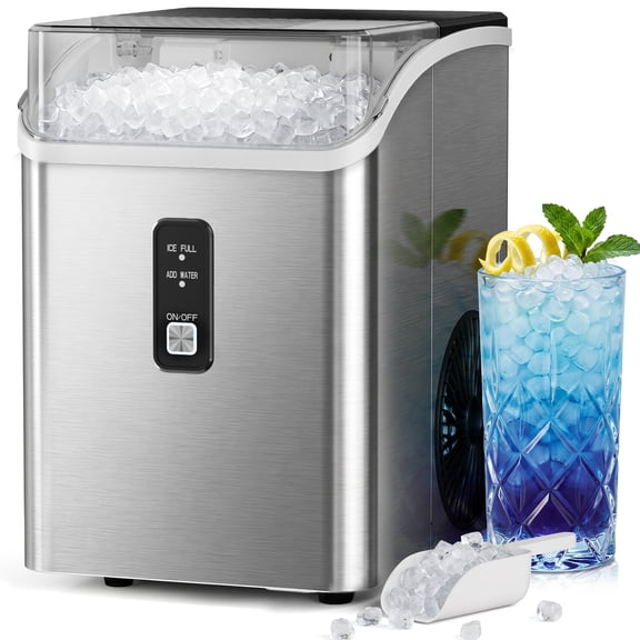 Nugget Ice Maker Countertop,Pebble Ice Makers with Soft Chewable Ice,35Lbs/24H,Portable Ice Machine with Ice Scoop & Basket,Self-Cleaning for Home Kitchen Office RV,Stainless Steel Sliver
