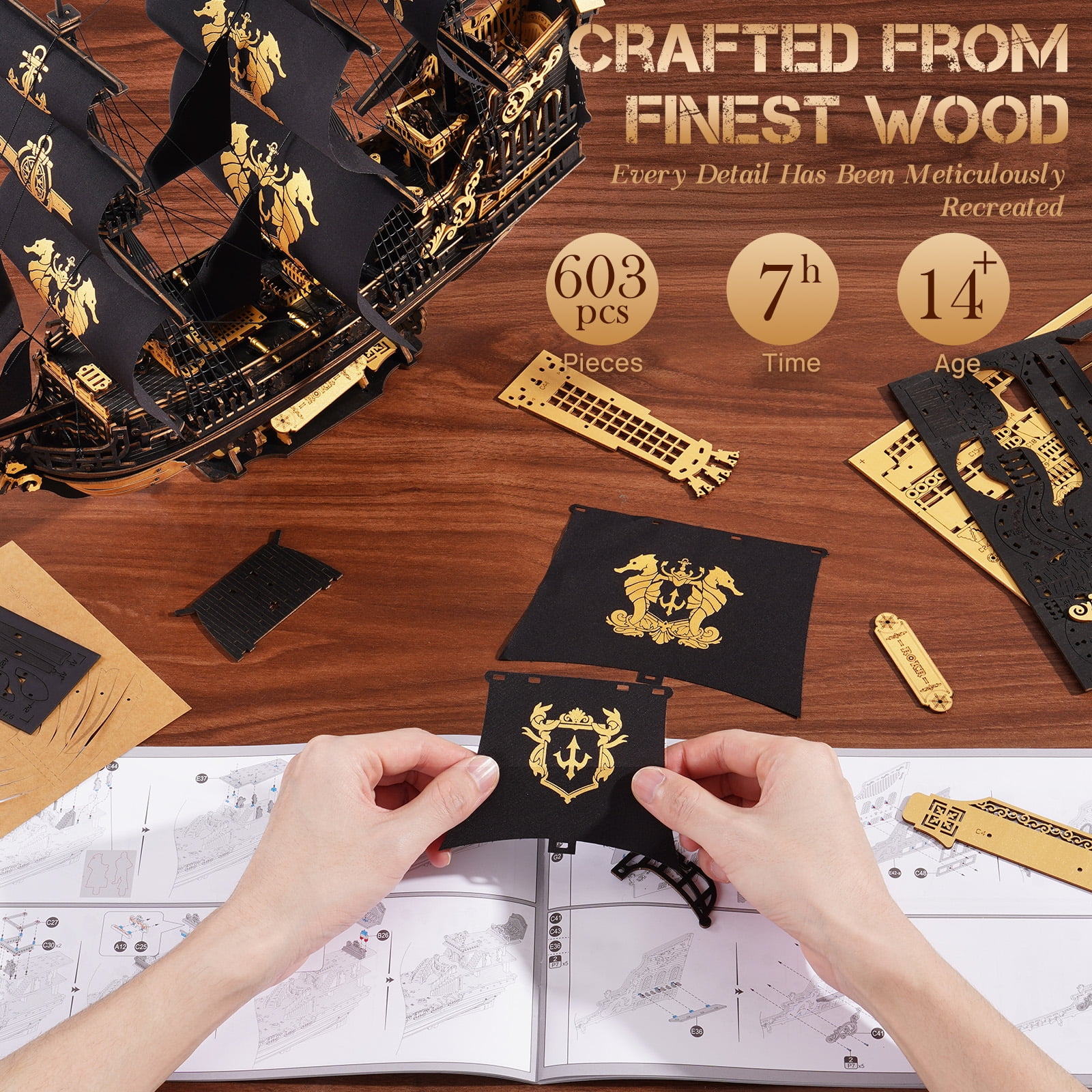 ROBOTIME Wooden 3D Puzzle - The Seahorse Barque, 1:100 Scale DIY Mechanical Building Kits Toys for Home Decor, Xmas Gifts for Adults Teens
