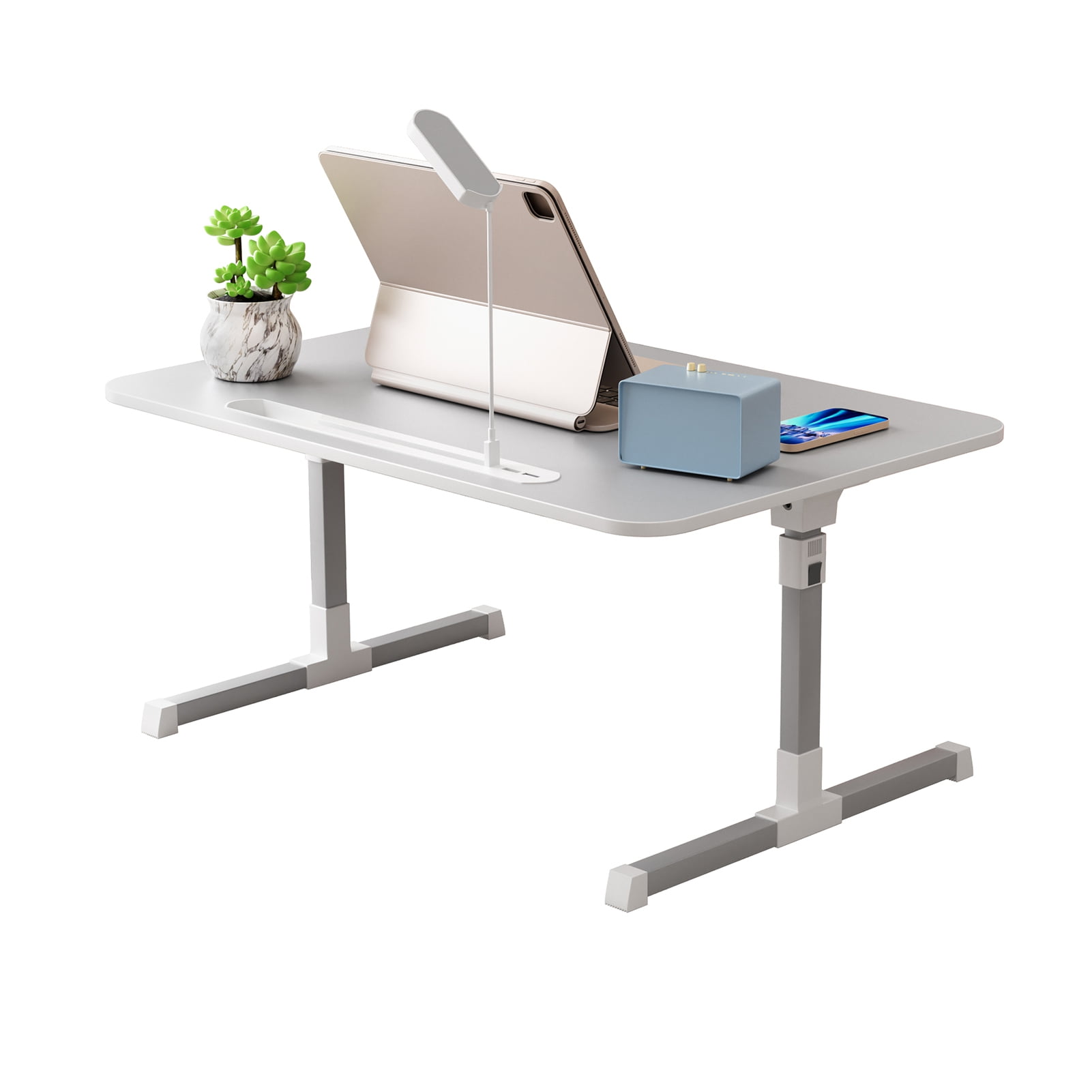 5-Height Adjustable Bed Table with LED Light & Fan, Foldable Laptop Desk 23.6x15.7 Inch, Multi-Function Bed Tray with Storage Drawer