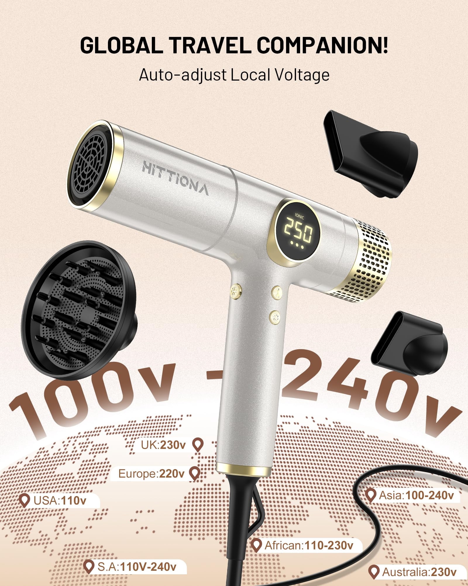 Dual Voltage Travel Hair Dryer Ionic Technology Rapid Drying Diffuser Attachment Lightweight Low Noise 360 Swivel Cord For All Hair Types