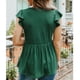 thumbnail image 4 of Mujeres casual Top ruffle manga corta V Masajeadores de cuello empalme suelta dobladillo acanalado señora blusa para Primavera Verano verde XXL, 4 of 6