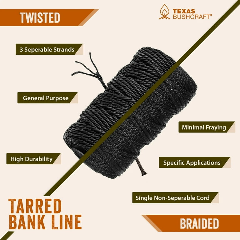 Texas Bushcraft Tarred Bank Line Twine - #36 Black Nylon String for  Fishing, Cam