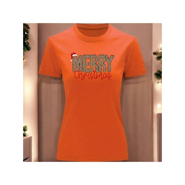 Playera Blusa Con Estampado Merry Christmas Estilo Animal Print Ropa Para Mujer Color Anaranjado Talla Grande Marca Emil SaEs