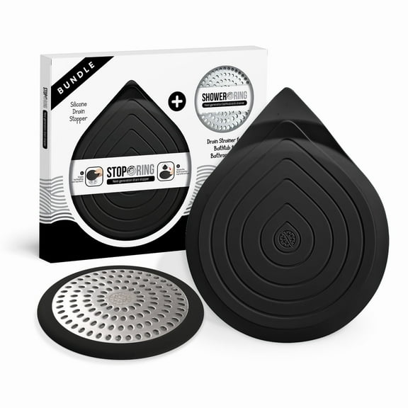 SHOWERRING & STOPRING BUNDLE, Flat Stainless Steel Drain Protector/Silicone Stopper Combo for Bathtub & Bathroom Sink (Black)