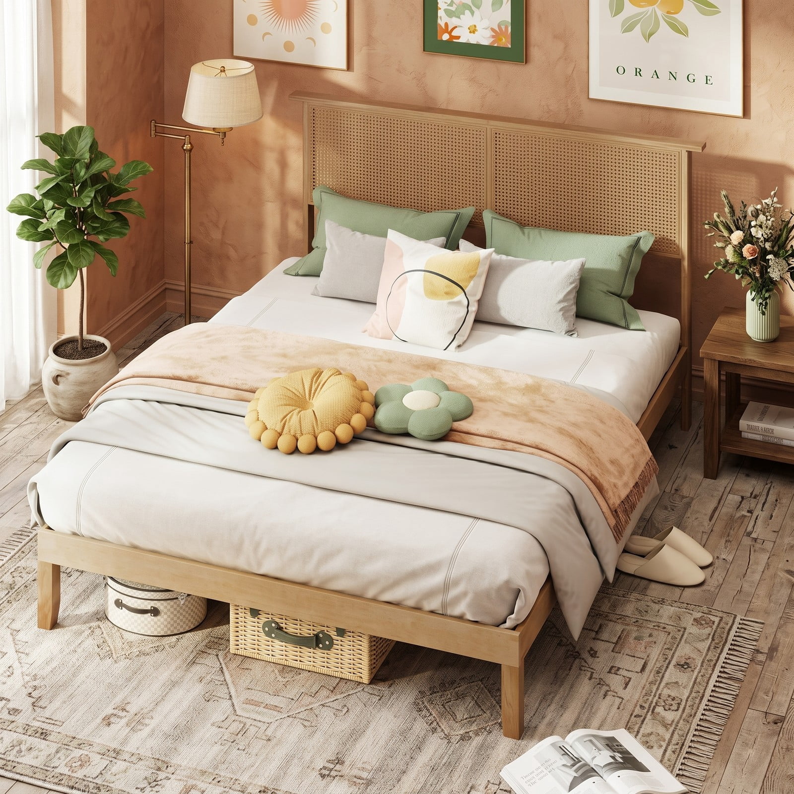 Furnibear Queen Bed Frame with Headboard, Wood Platform Bed Frame with Boho Rattan Headboard and Slat Support, No Box Spring, Natural
