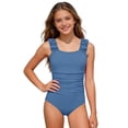 thumbnail image 2 of EliteGoogv Girls One Piece Swimsuit Sleeveless Ruffle Strap Ruched Waist Back Cutout Bathing Suit For Beach Pool Summer,Navy,13, 2 of 6