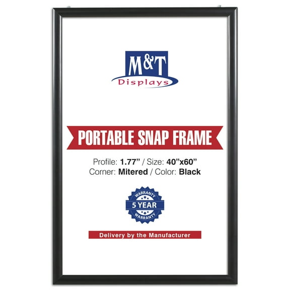 M&T Displays Portable Snap Poster Frame,  Black 40x60 inch , 1.77" Aluminum Profile with White Backing and Anti-Glare Pet Cover