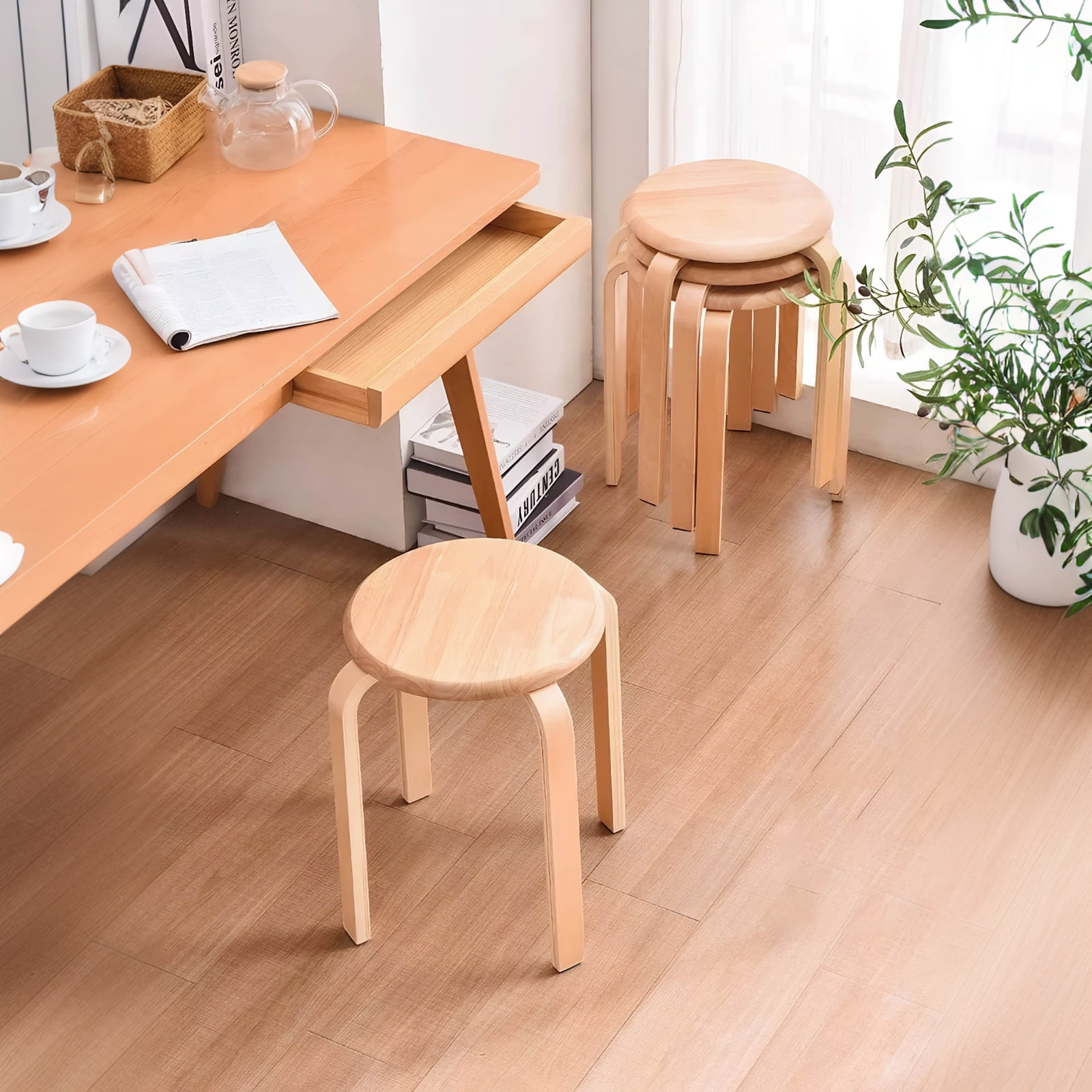Stackable Stools, Bentwood Stools, Nesting Chairs&nbsp;Set of 4 Round Backless School and Kitchen Stools, Anti-Slip Felt Pad, Natural, 18 Inch Height, Space-Saving Design