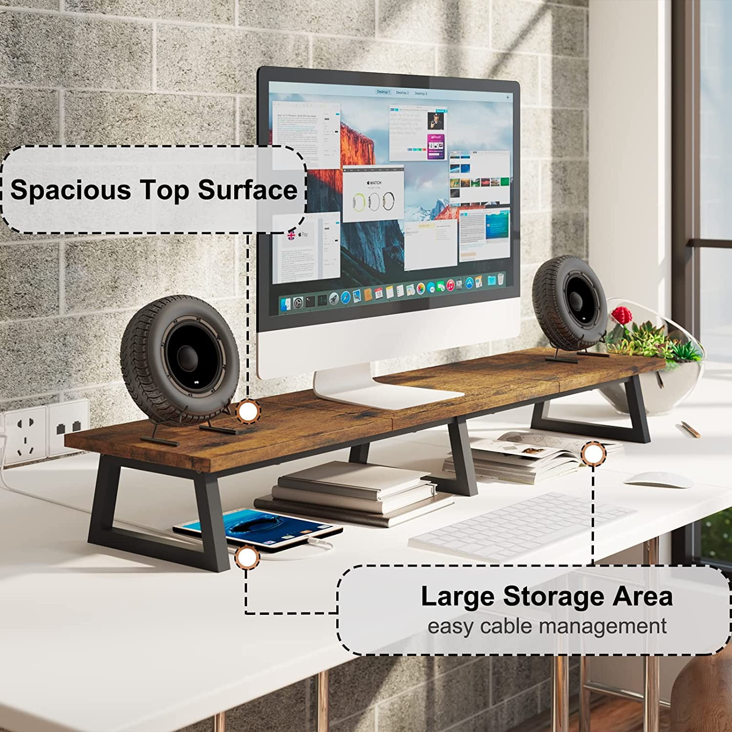 Large Dual Monitor Riser Rustic Brown Extra-Long TV Stand Wood & Steel Desktop Storage Riser for Dual Screen Office Desk Organization