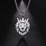 TEAMER Lion with King Crown Necklaces Punk Animal Pendant Box Chain Necklace Steel Color Jewelry
