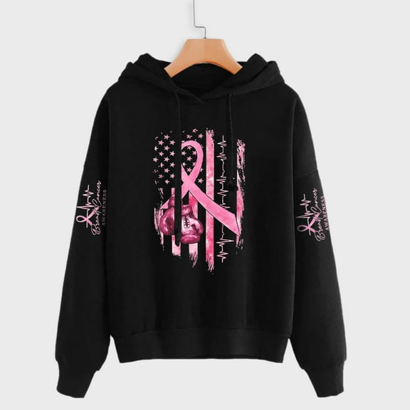 Lroveb Breast Cancer Awareness Hoodies for Women Long Sleeved Pink Ribbon Graphic Sweatshirt Drawstring Hooded Oversized Pullover Black