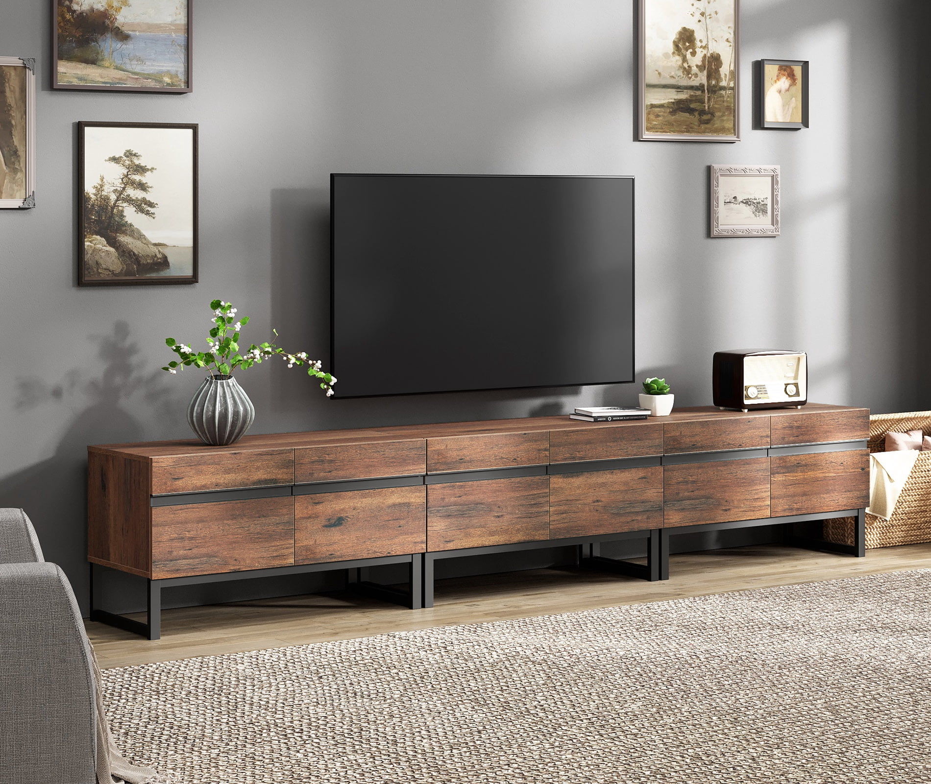 Modern 3-Piece Living Room Set, 106 Inch TV Stand And 2 End Table Sets With Drawers, Media Console with Storage Shelves, Sturdy Wood Frame & Metal Legs, Contemporary Furniture for Living Room,Brown