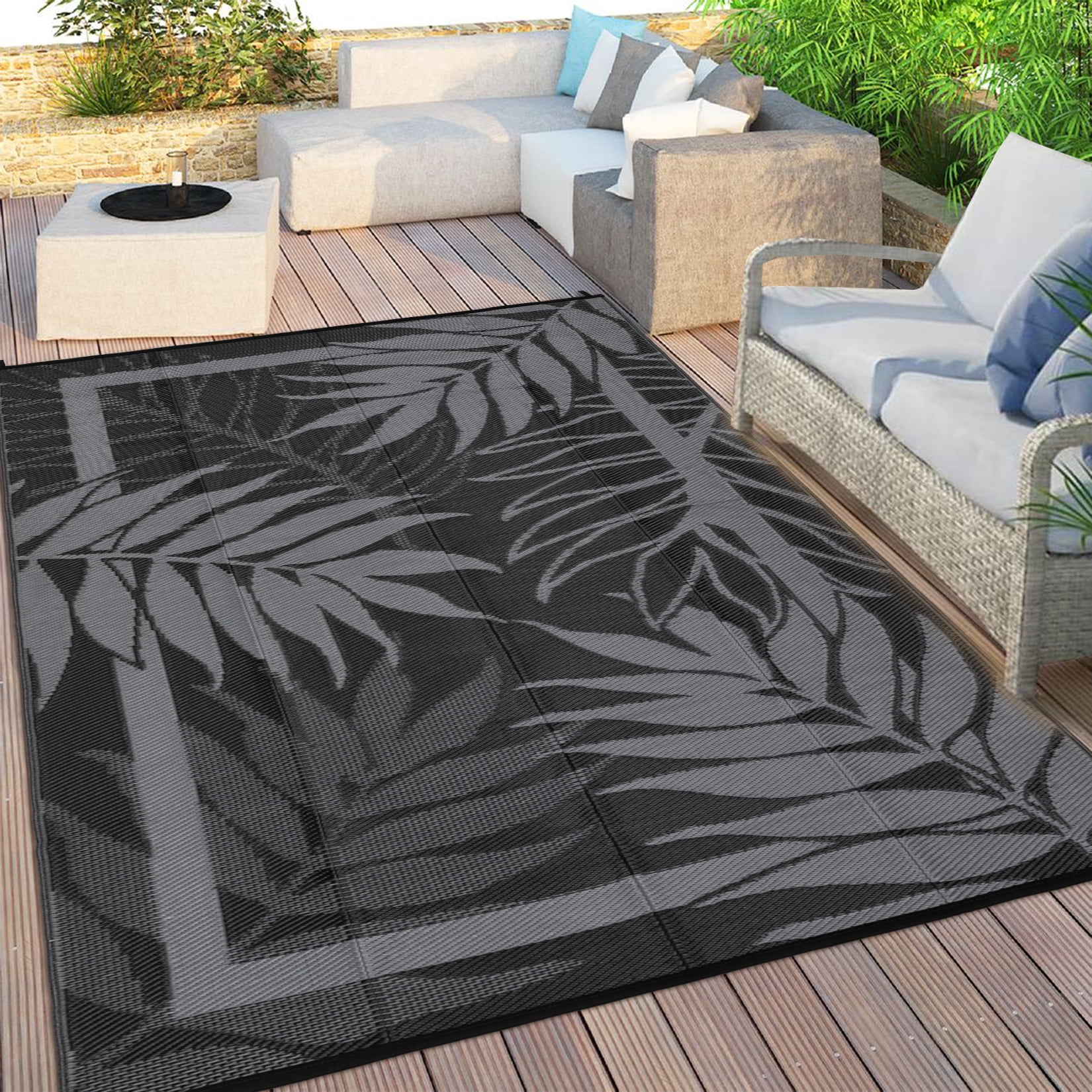 Soonbuy 8x10FT Outdoor Rug with Palm Leaf Pattern, Waterproof Reversible Patio Carpet, Fade Resistant Outdoor Area Rug with Heavy Duty Non-Slip Backing for Deck, Backyard, Pool, Porch, Living Room