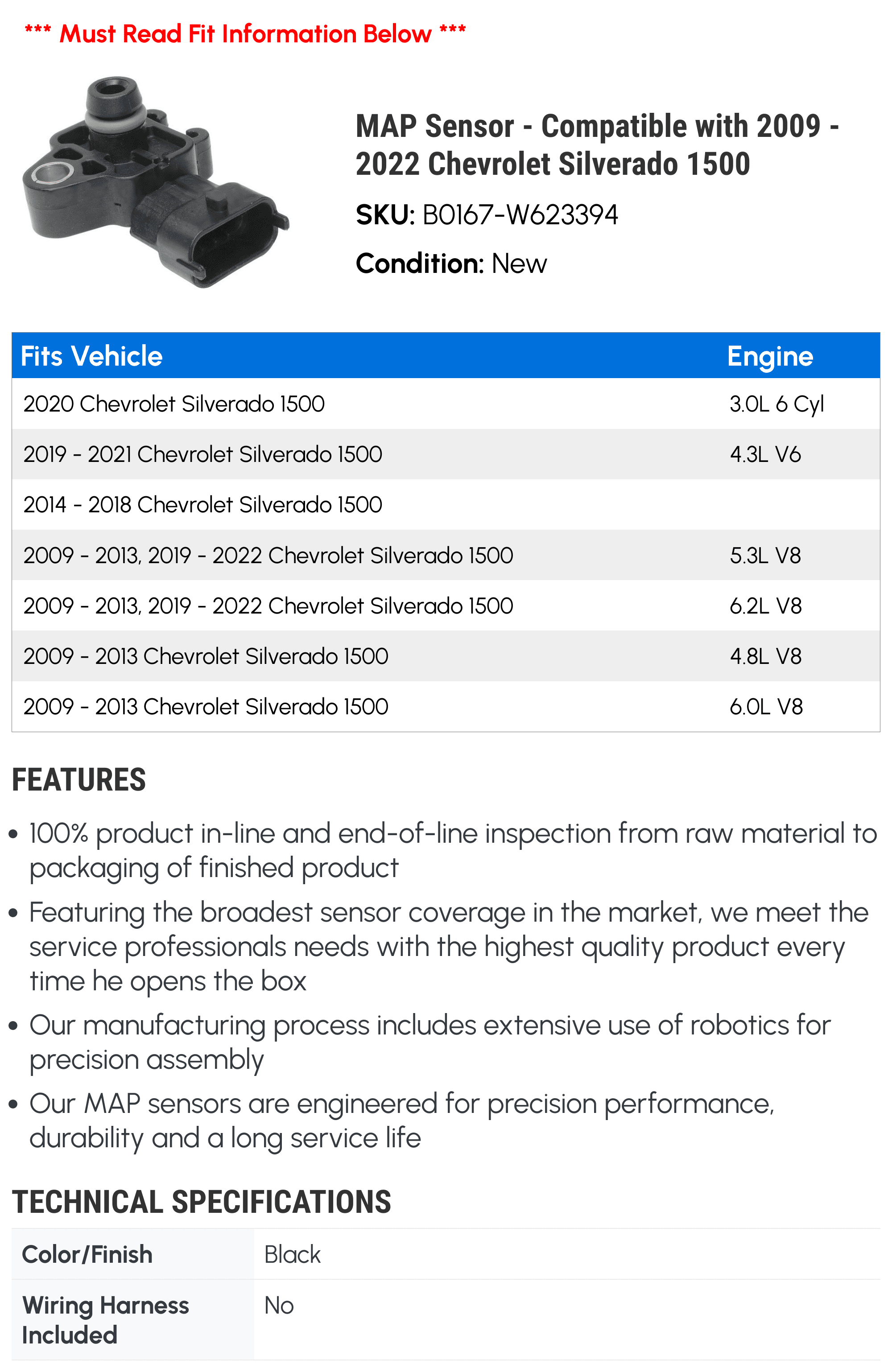 MAP Sensor - Compatible with 2009 - 2022 Chevy Silverado 1500 2010 2011 2012 2013 2014 2015 2016 2017 2018 2019 2020 2021