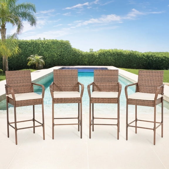Outdoor Patio Wicker Bar Stools, Pe Wicker Rattan Bar Stools With Removable Cushions, Ergonomic Armrests & Backrest, All-weather Outdoor Bar Stools For Patio. Backyard, Poolside