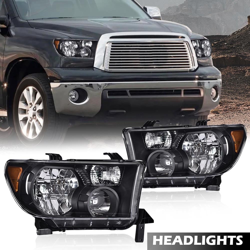 CROSSDESIGN Pair Black High/Low Beam Headlights Fit for Toyota Tundra 2007-2013/Sequoia 2008-2017