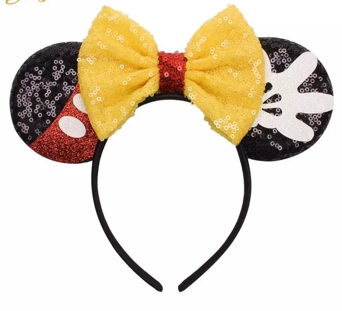 12 pcs Mickey Mouse Ears black & red sequin bow HEADBANDS Birthday Party Favors 