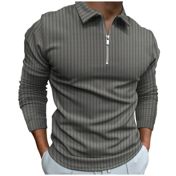 Gibobby Playera polo hombre Camiseta informal de tela a rayas de otoño para hombre, camiseta de manga larga con cuello vuelto y cremallera(Gris,M)
