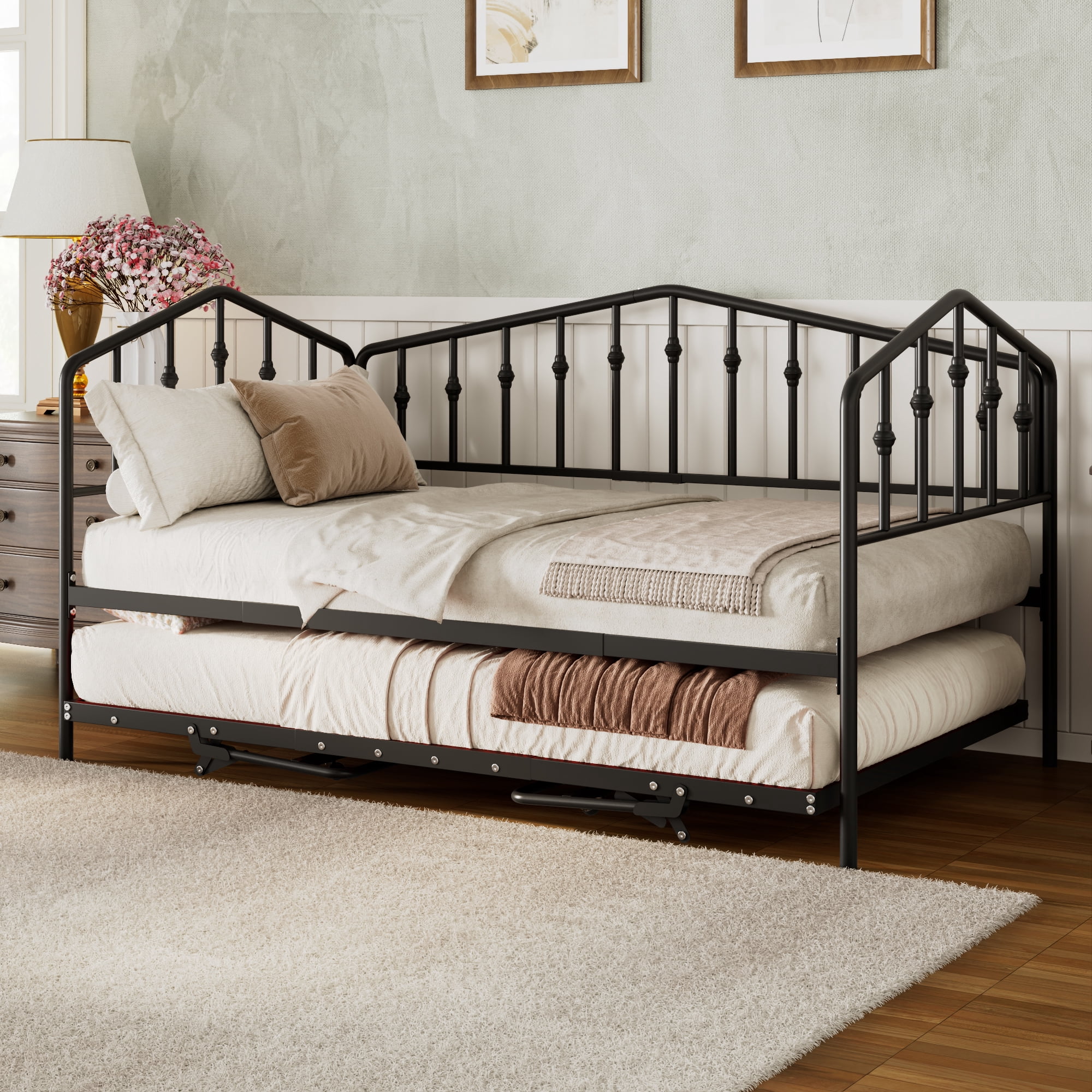 Twin Size Stylish Metal Daybed with Twin Size Adjustable Trundle, Portable Folding Trundle, Black