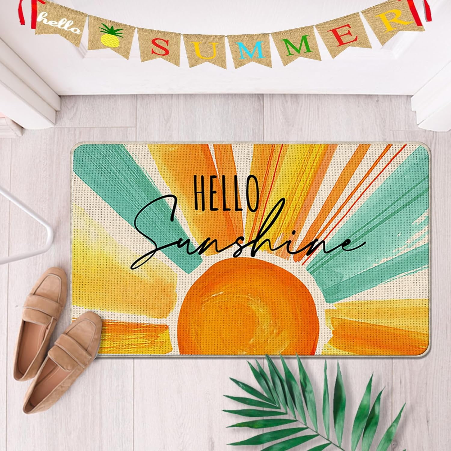 Hello Sunshine Spring Summer Decorative Front Door Mat, Watercolor Sun Doormat Indoor Outdoor Non-Slip Floor Entryway Rug, Seasonal Home Kitchen Decoration 17x30 Inch
